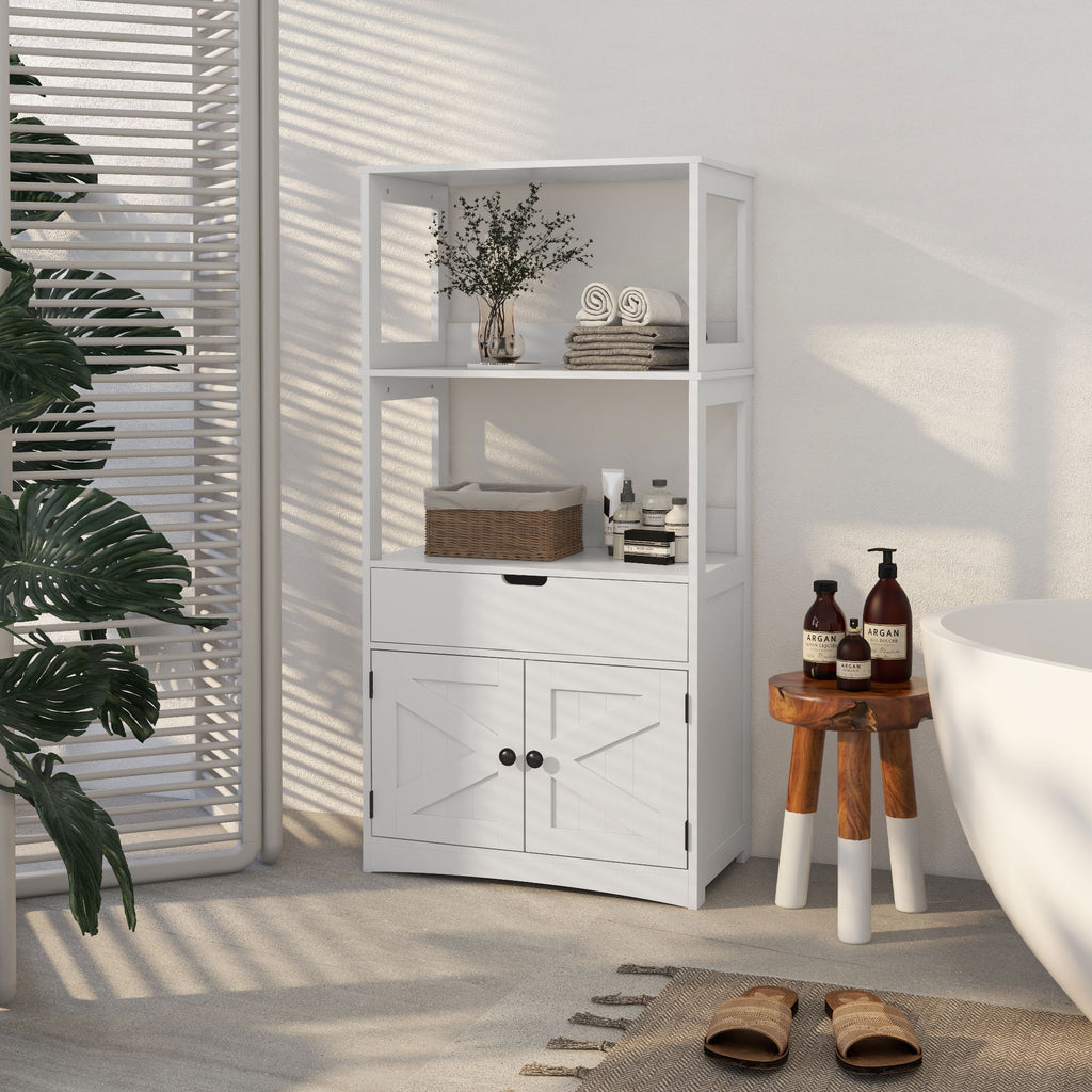 Farmhouse Bathroom Storage Cabinet, Linen Cabinet with Drawer and Shelves, 23.5" x 13" x 48.5", White