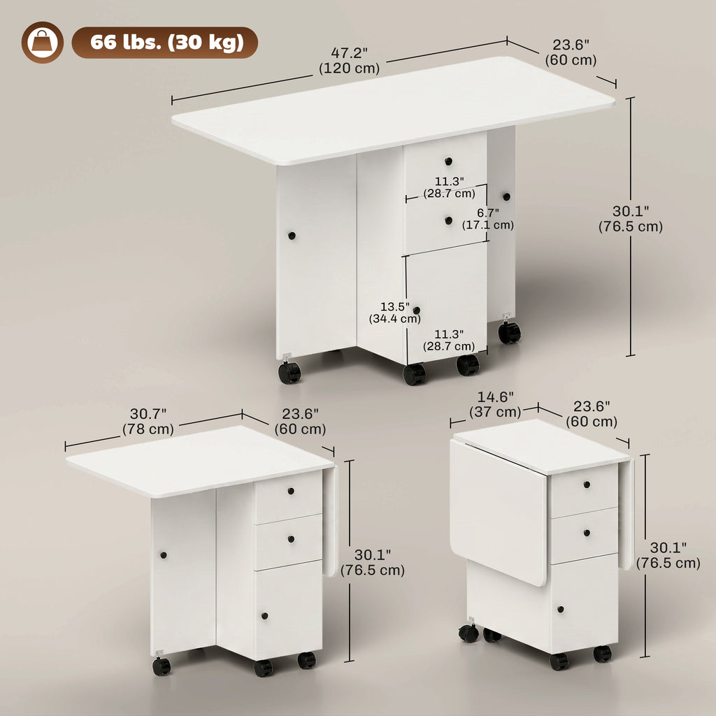 Foldable Dining Table, Rolling Kitchen Table with Storage Drawers and Cabinet, Drop Leaf Table on Wheels, Grey