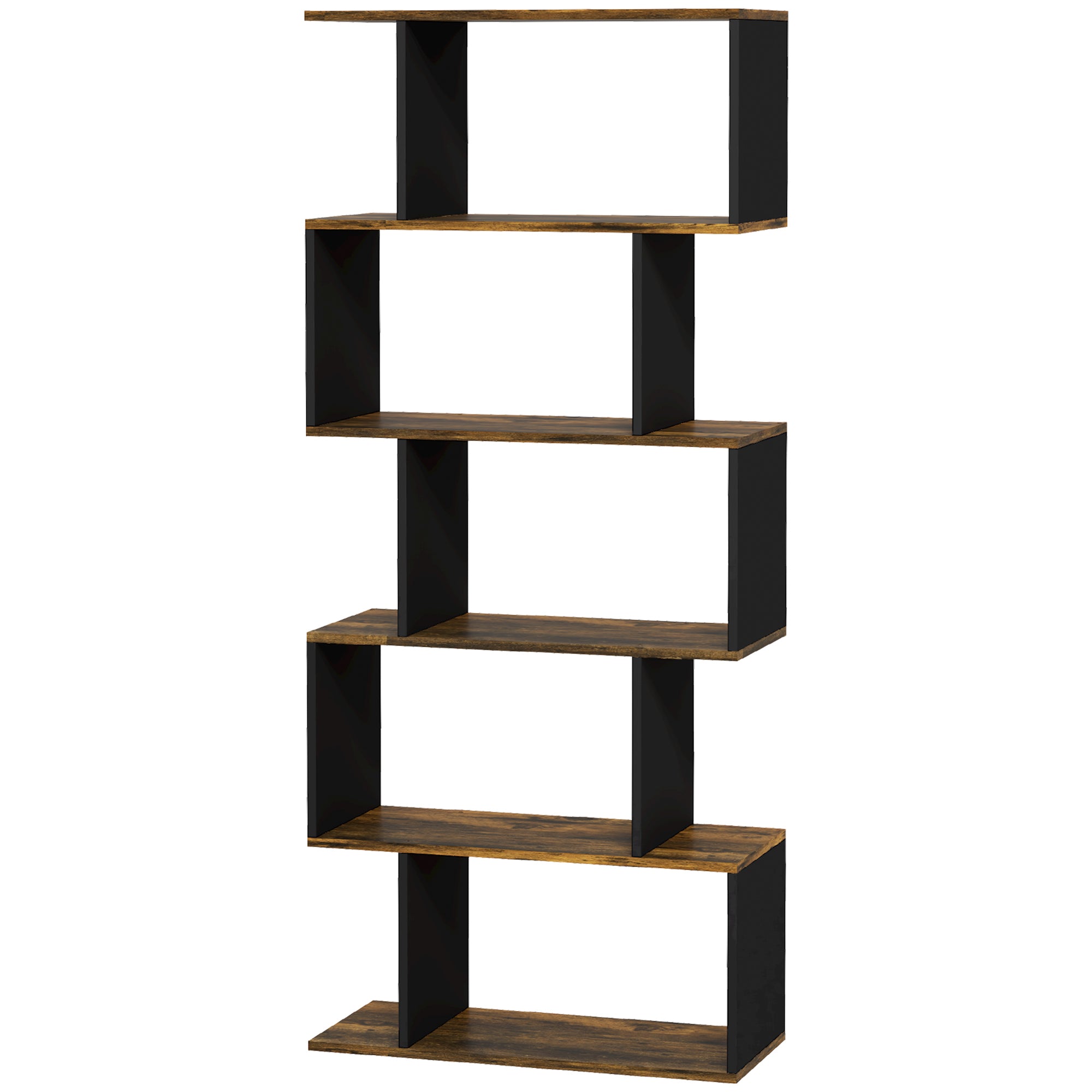 5-Tier Bookshelf, Geometric S Shaped Bookcase, Tall Narrow Display Shelf for for Living Room, Study Room, Rustic Brown