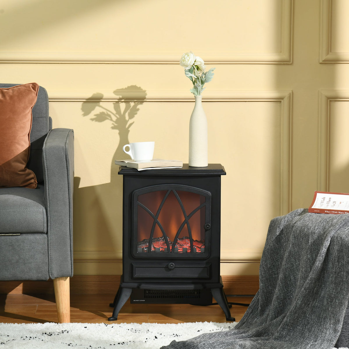 Free Stand Electric Fireplace Stove Heater with Adjustable LED Flame Effect and Front Door, 750W/1500W, Black