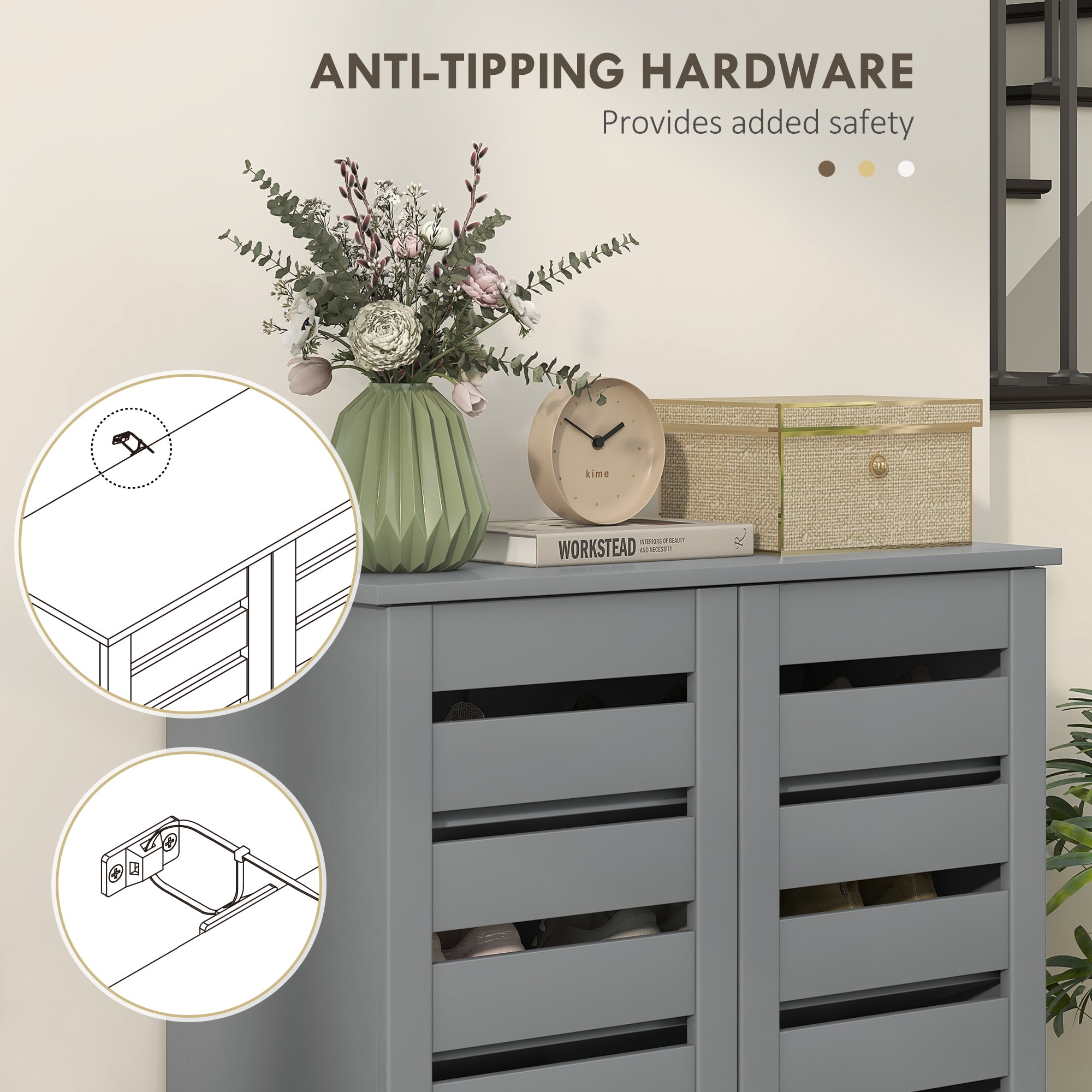 Shoe Storage Cabinet, Shoe Cabinet with 2 Slatted Doors for 15 Pairs of Shoes, Dark Grey