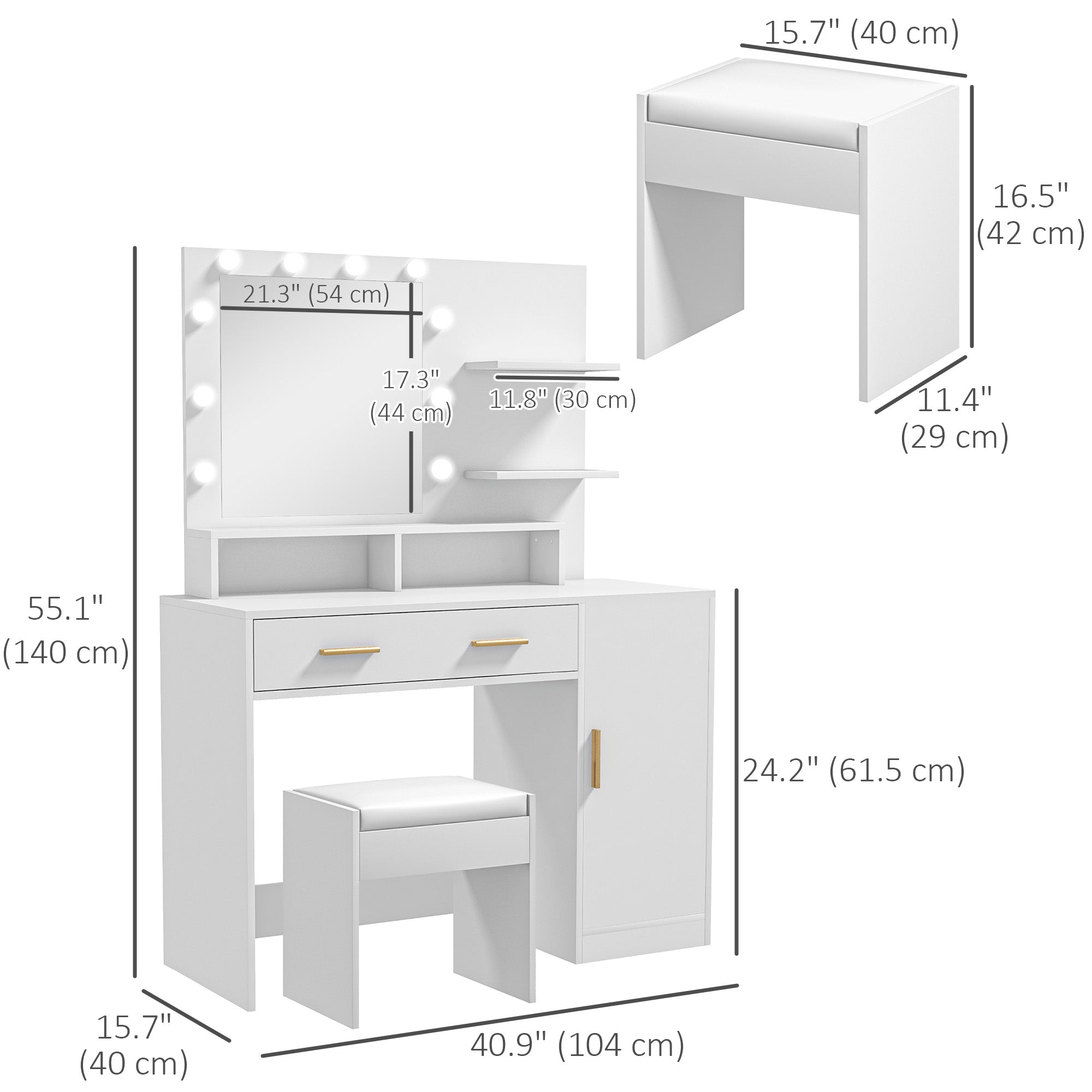 Illuminated Dressing Table Set, LED Vanity Table Set with Stool, LED Mirror, Drawer and Cabinet Shelves for Bedroom