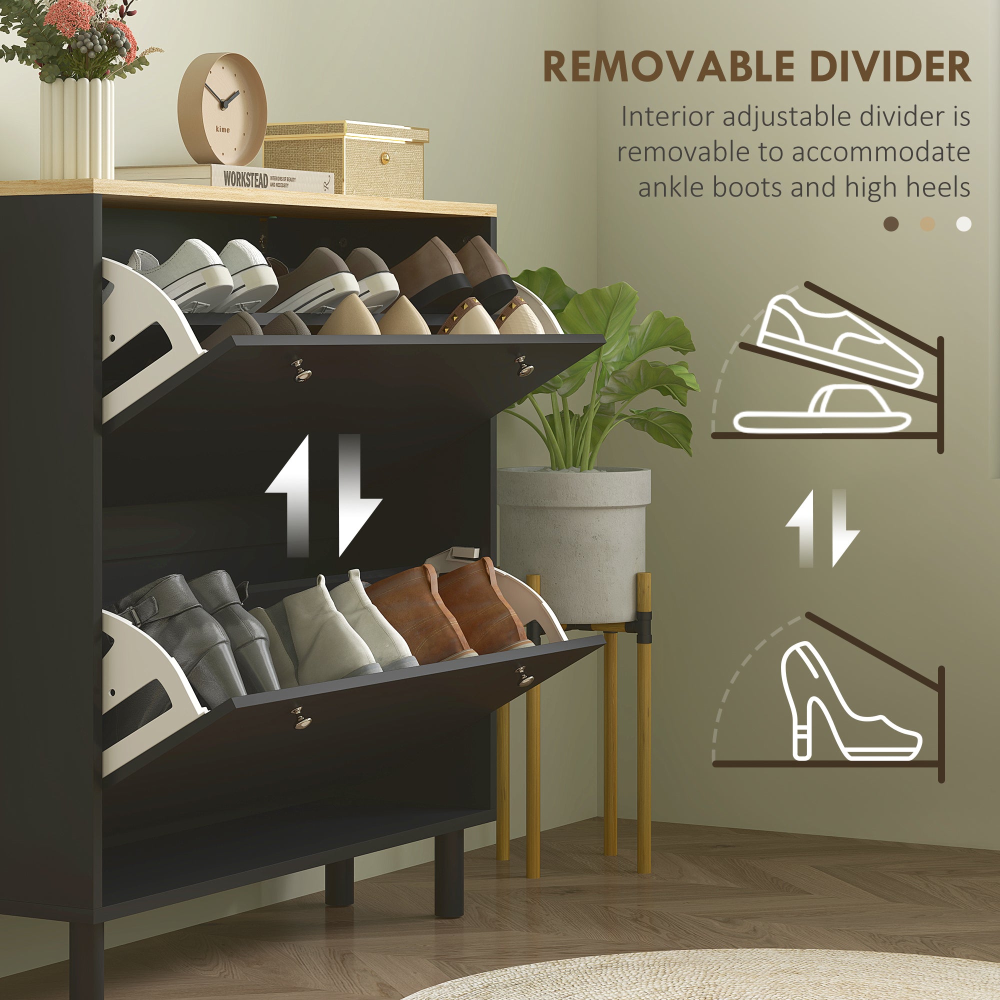 2 Drawers Shoe Storage Cabinet with Adjustable Shelves for 16 Pairs of Shoes, White