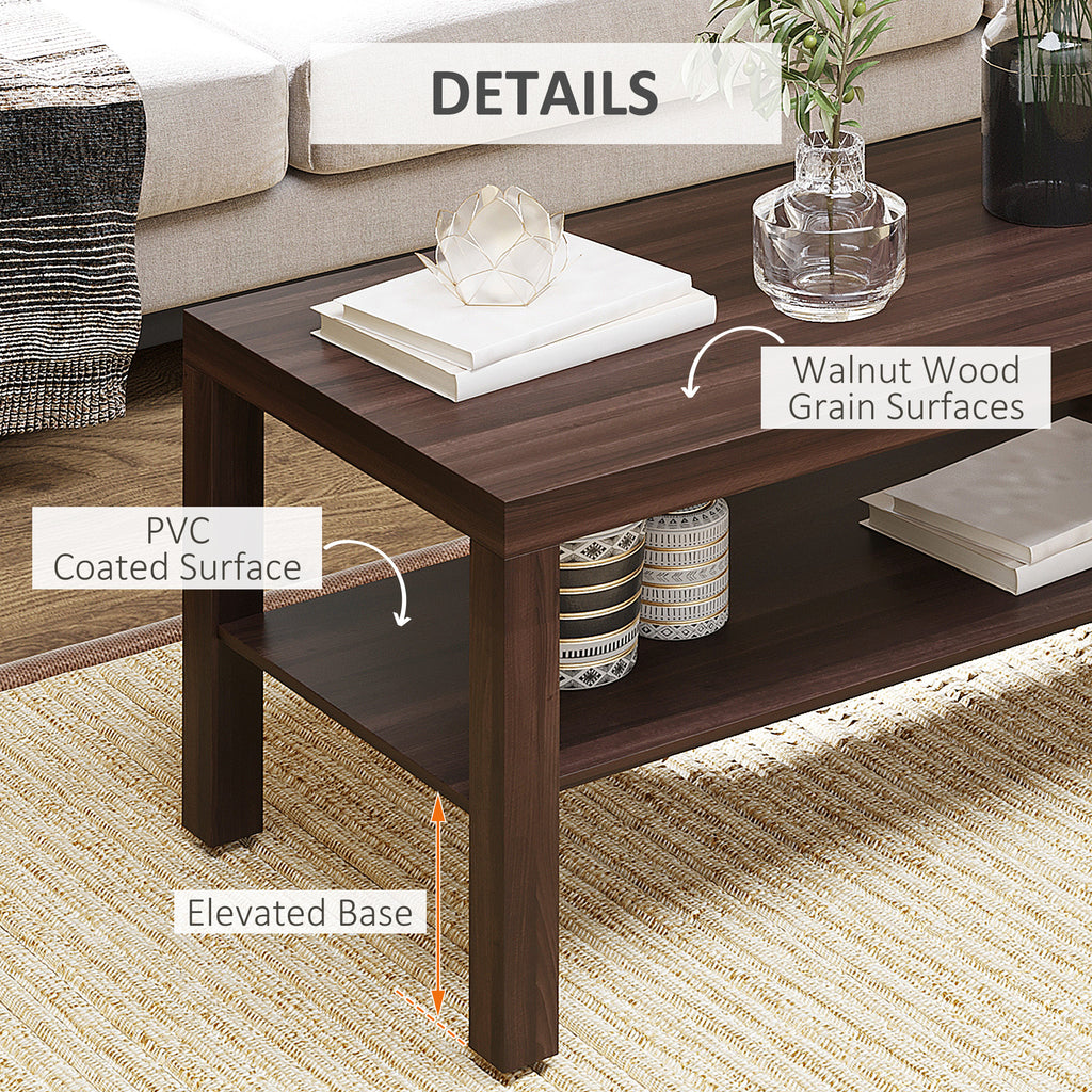 2 Tier Coffee Table with Storage Shelf, Rectangular Center Table for Living Room, Home Office Furniture Walnut