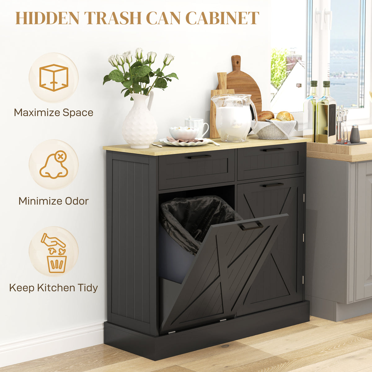 10 Gallon Hidden Garbage Bin Cabinet, Tilt Out Trash Cabinet w/ 2 Drawers, Freestanding Kitchen Island, Black