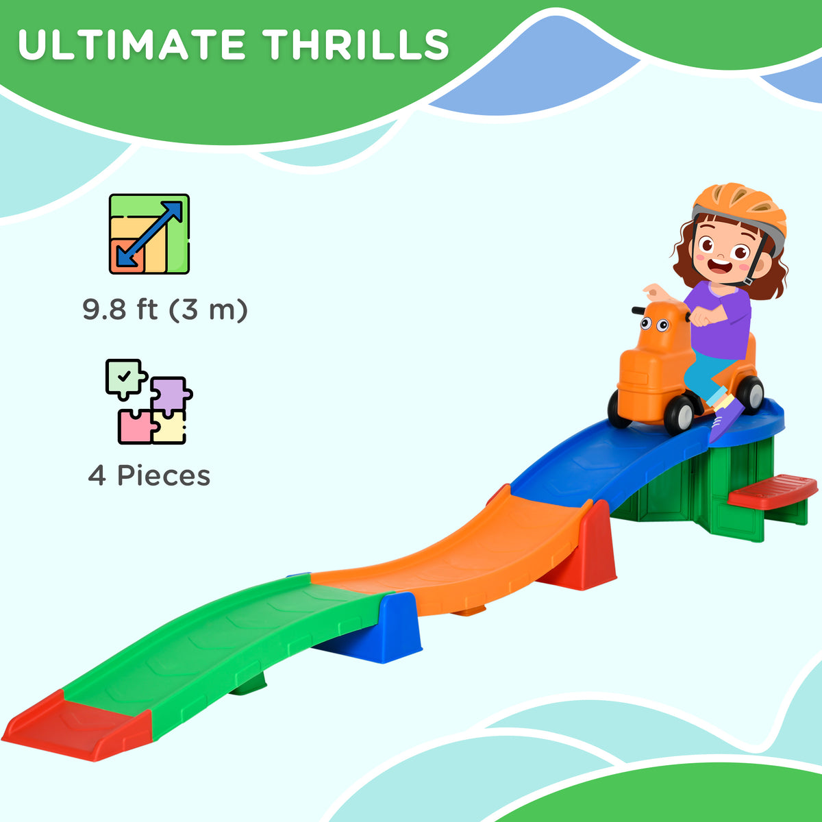 Qaba 9.8 ft Up and Down Roller Coaster for Kids, Thrill 4 Pieces Toddler Roller Coaster Ride on Toy with Side Steps, Sliding Car with Handles, for 2-5 Years Old