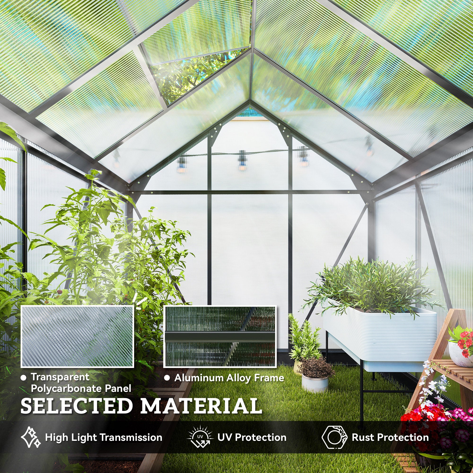 Greenhouse Garden, Green House, Outdoor Greenhouse Kit, PC Board with Sliding Door, 6.2' x 8.3' x 6.6', Grey