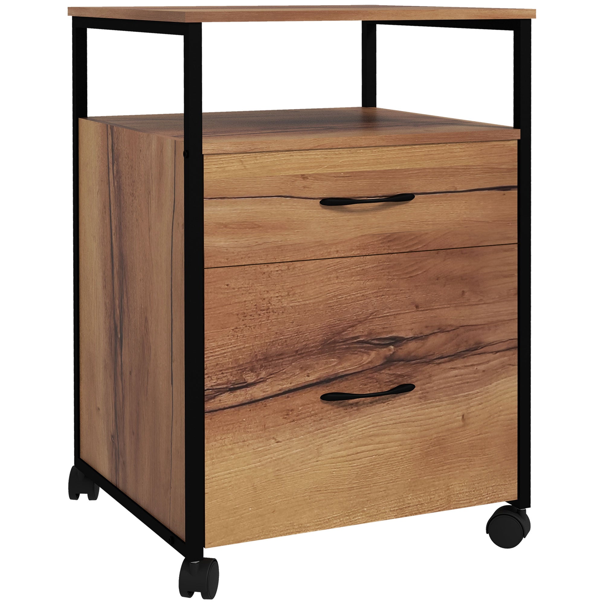 Vertical Filing Cabinet with Wheels, 26.2" Tall File Cabinet with 2 Drawers, Open Shelf, Hanging Bars for Letter and A4, Industrial Home Office Printer Stand, Rustic Brown