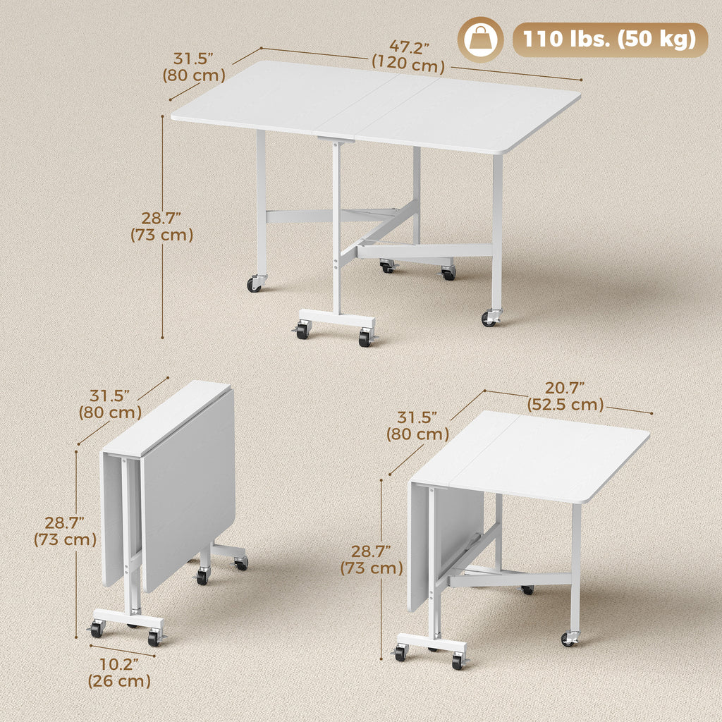 Six-Seater Drop-Leaf Dining Table with Wheels, White