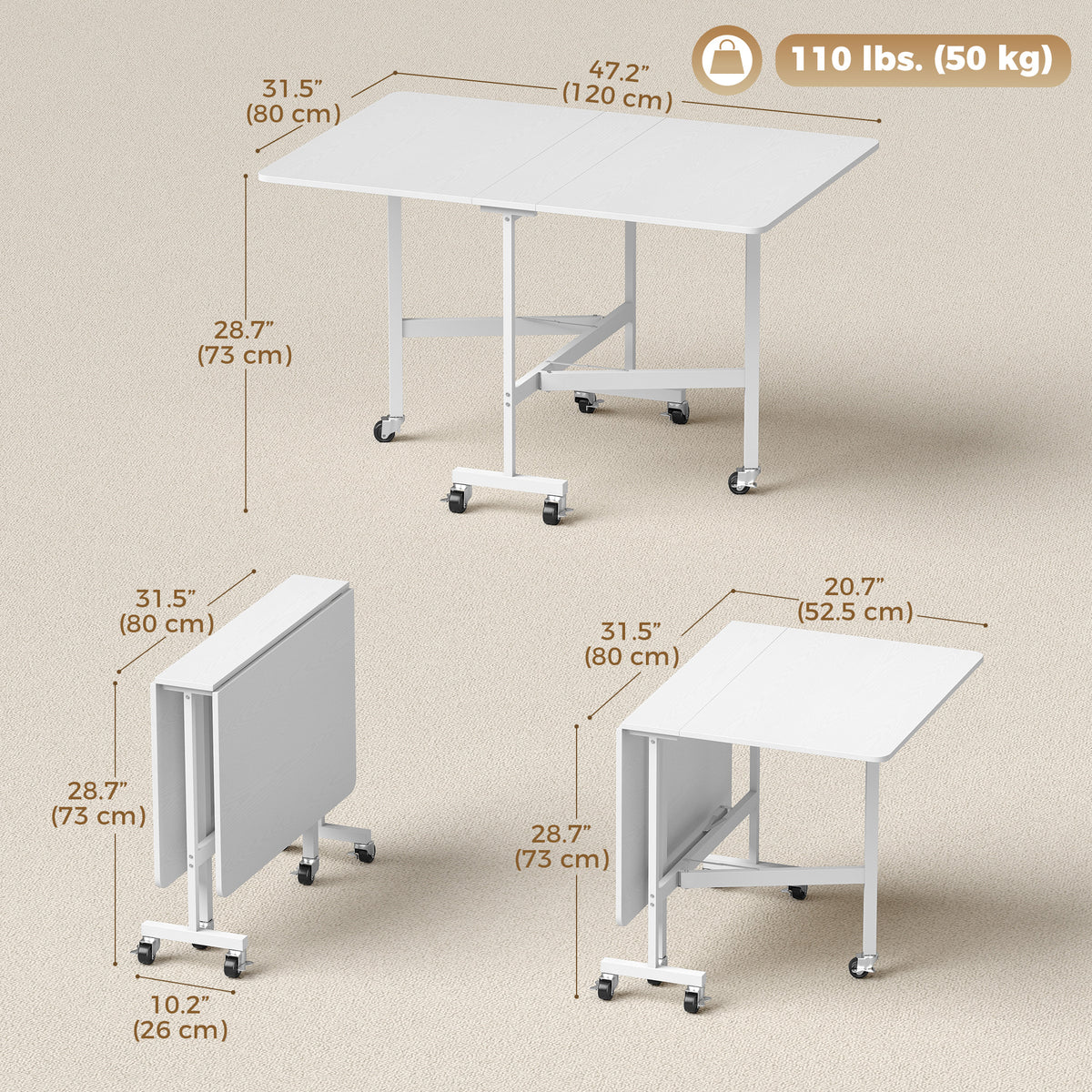 Six-Seater Drop-Leaf Dining Table with Wheels, White