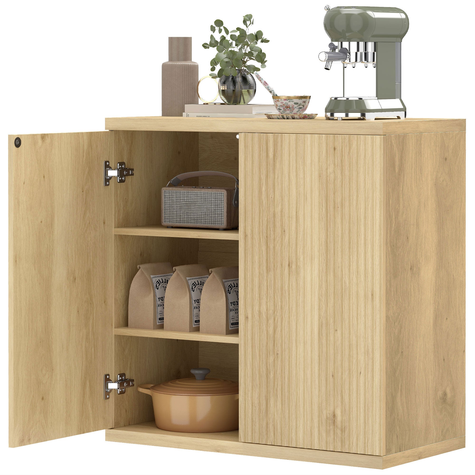 Sideboard Buffet Cabinet, 30.7" Modern Kitchen Storage Cabinet with Soft-Close Door and Adjustable Shelves, Oak