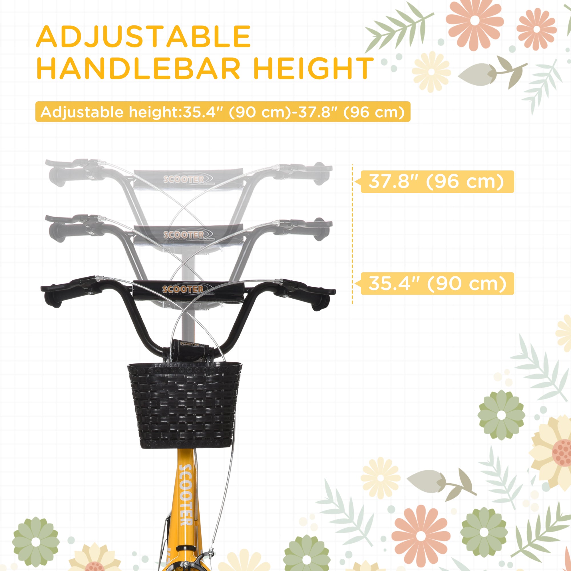 Aosom Kick Scooter with Adjustable Handlebar, Kids Scooter with 2 Brakes Basket Cupholder 16" Inflatable Rubber Tyres Orange
