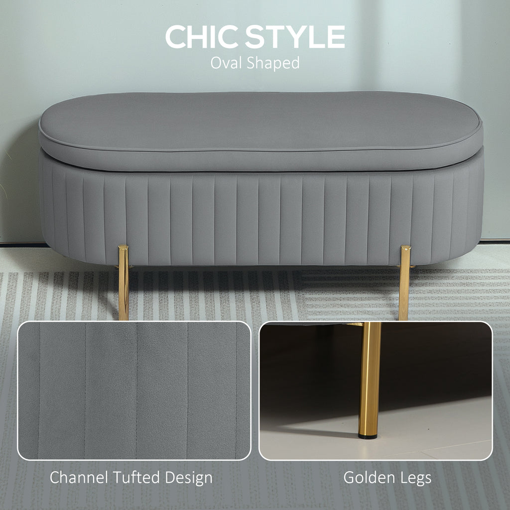 Upholstered Bedroom Bench, Channel Tufted Ottoman Bench with Thick Padding and Metal Legs, Grey