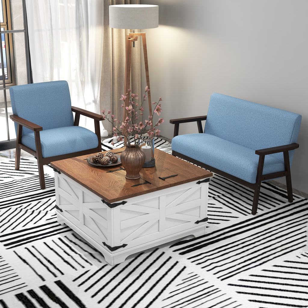 Accent Chairs with Cushioned Seat, Upholstered Linen-Feel Armchair with Adjustable Feet for Bedroom, Living Room, Blue