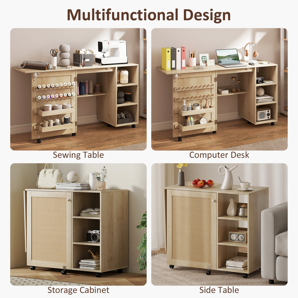 Sewing Machine Table with Drop Leaf, Folding Craft Table Rattan Door and Storage Shelves for Small Spaces, Natural