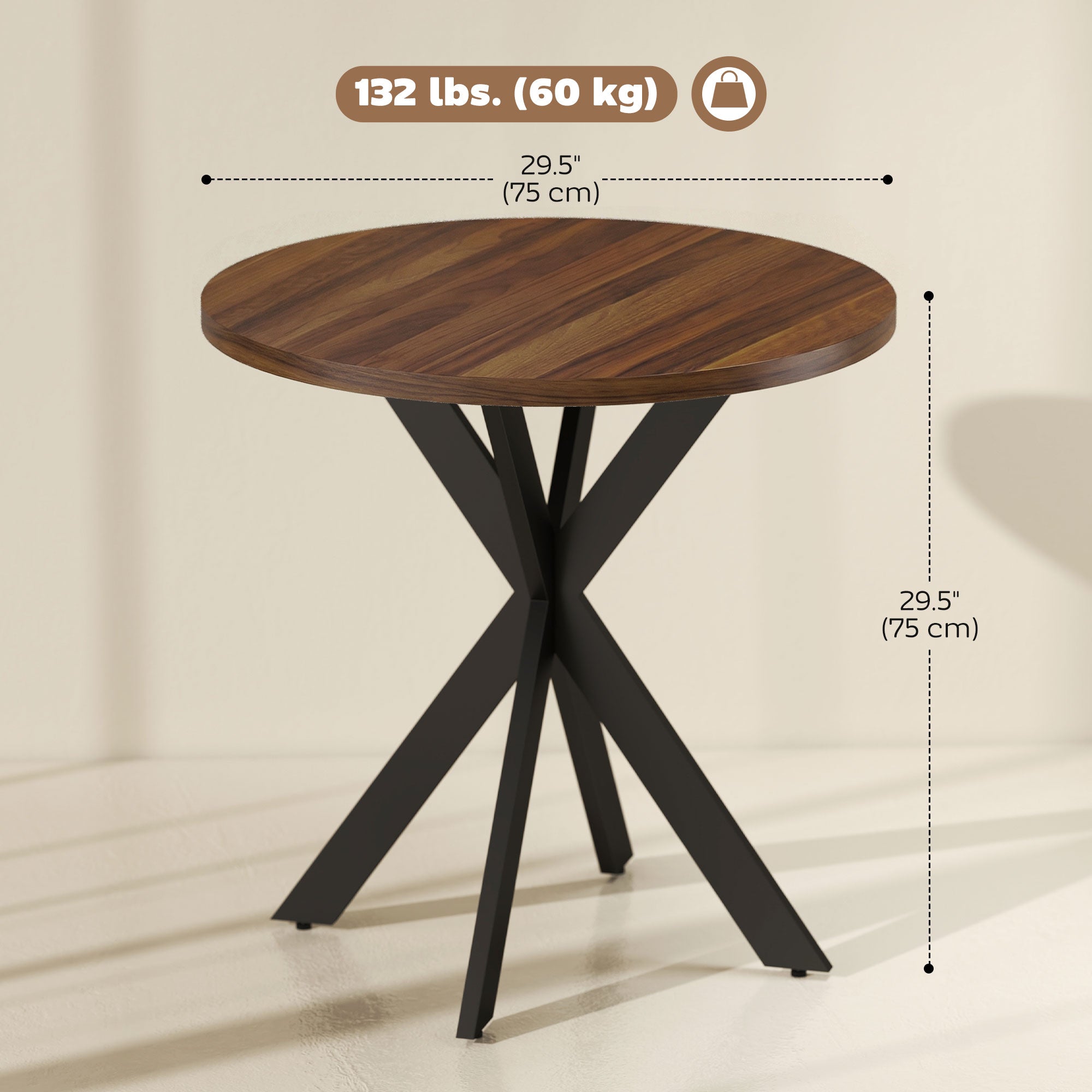 29" Dining Table, Contemporary Round Kitchen Table with Steel Legs, Brown
