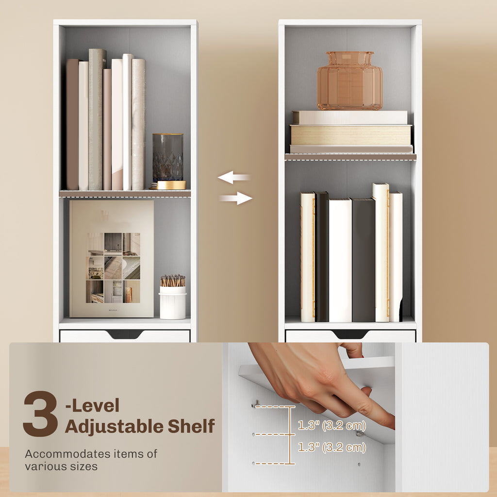 6-Tier Bookcase, Tall Narrow Bookshelf with Drawer and Door, White