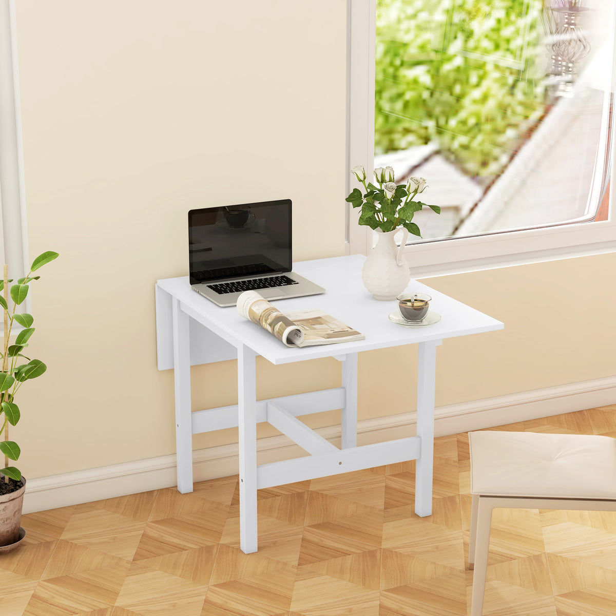 Solid Wood Kitchen Table, Farmhouse Drop Leaf Tables for Small Spaces, Folding Dining Table, for Up to 4 People, White