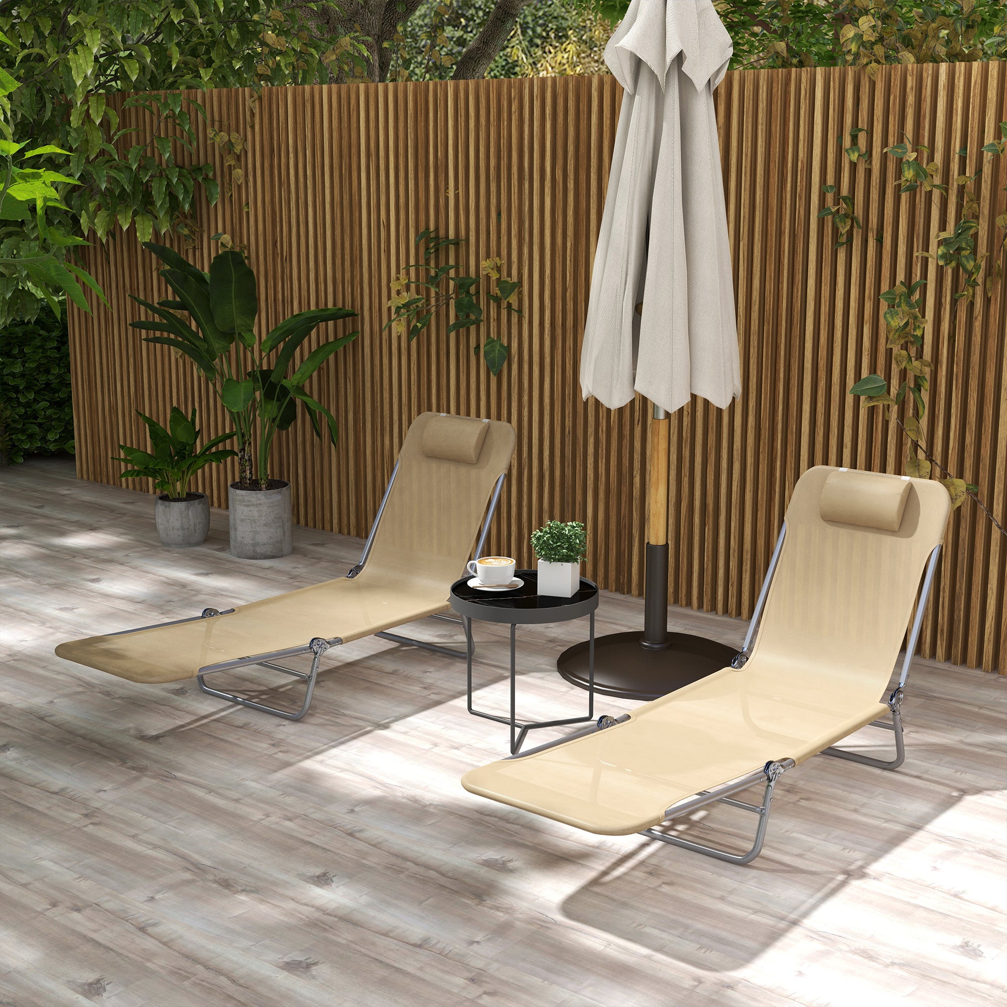 Folding Outdoor Lounge Chair Set of 2, Reclining Tanning Chair with 5-Position Adjustable Backrest, Black