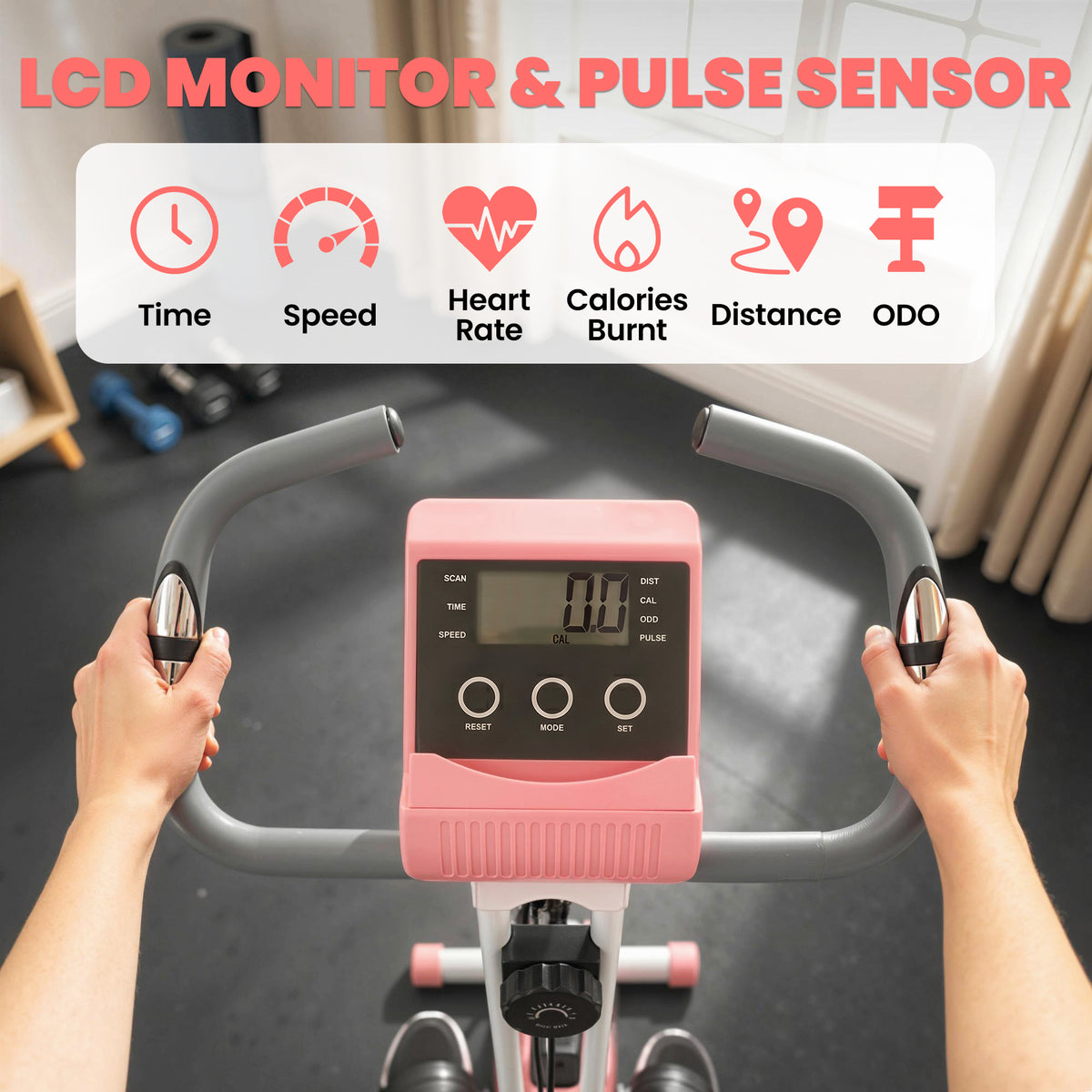 Soozier 3 in 1 Folding Exercise Bike, Foldable Stationary Bike with 8-Level Magnetic Resistance, Adjustable Seat, Pink