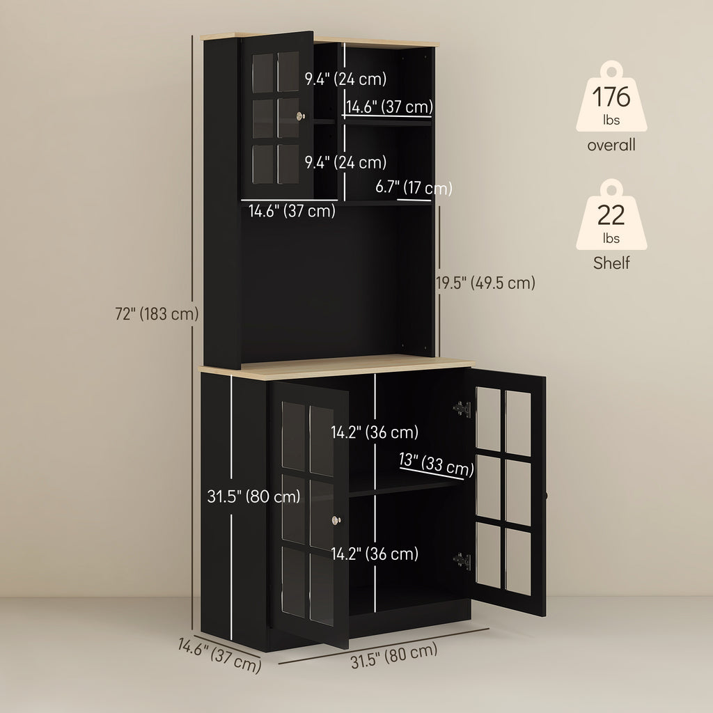 Kitchen Buffet with Hutch, Storage Pantry with 3 Cabinets, 2 Open Shelves and Large Countertop, Black