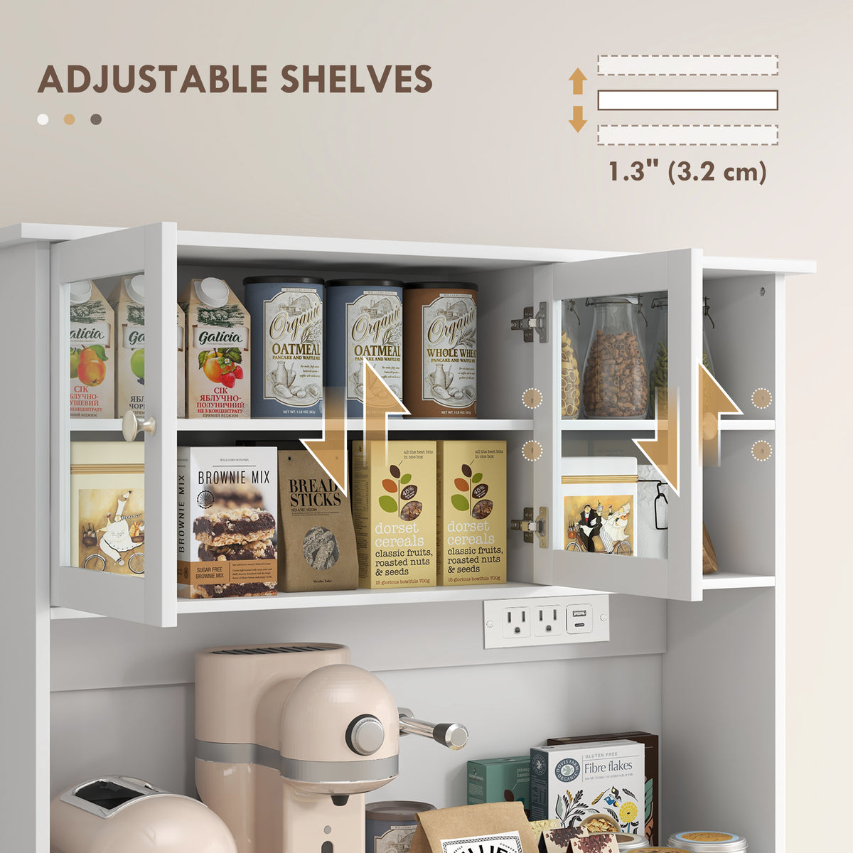 Kitchen Cabinet with Charging Station, 2 Tilt Out Cabinets, Microwave Stand, Freestanding Kitchen Pantry Cabinet, White