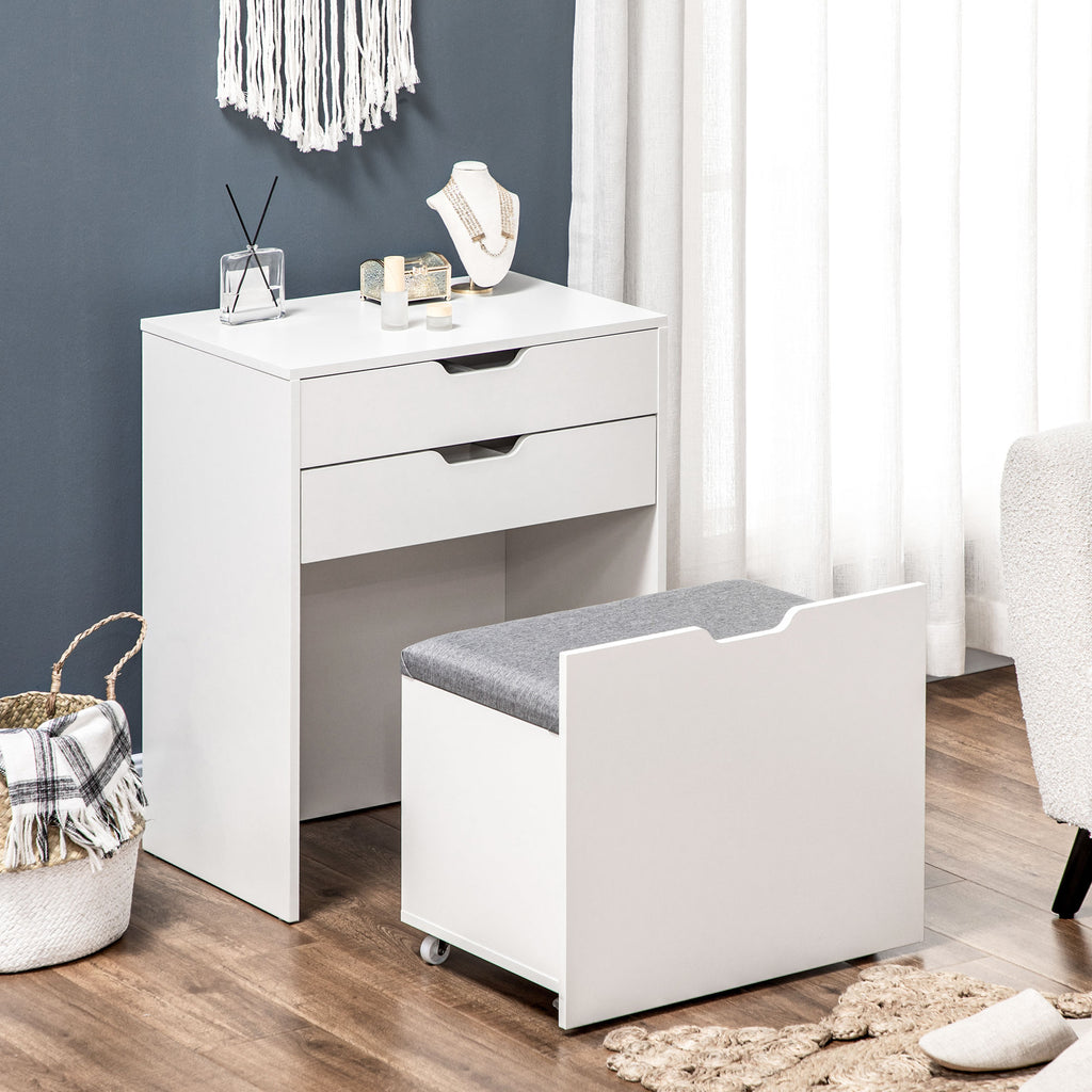 Vanity Set with Flip Top Mirror, Makeup Vanity Desk with Stool, Dressing Table with Drawer and 7 Compartments, White