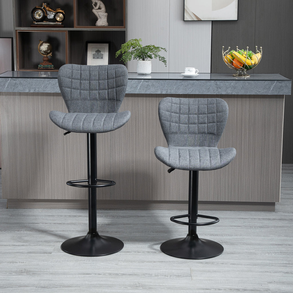 Bar Stools Set of 2, Adjustable Height Swivel Bar Chairs, Linen-feel Fabric Upholstered Kitchen Counter Stools with Wide Seat, Back and Footrest, Grey