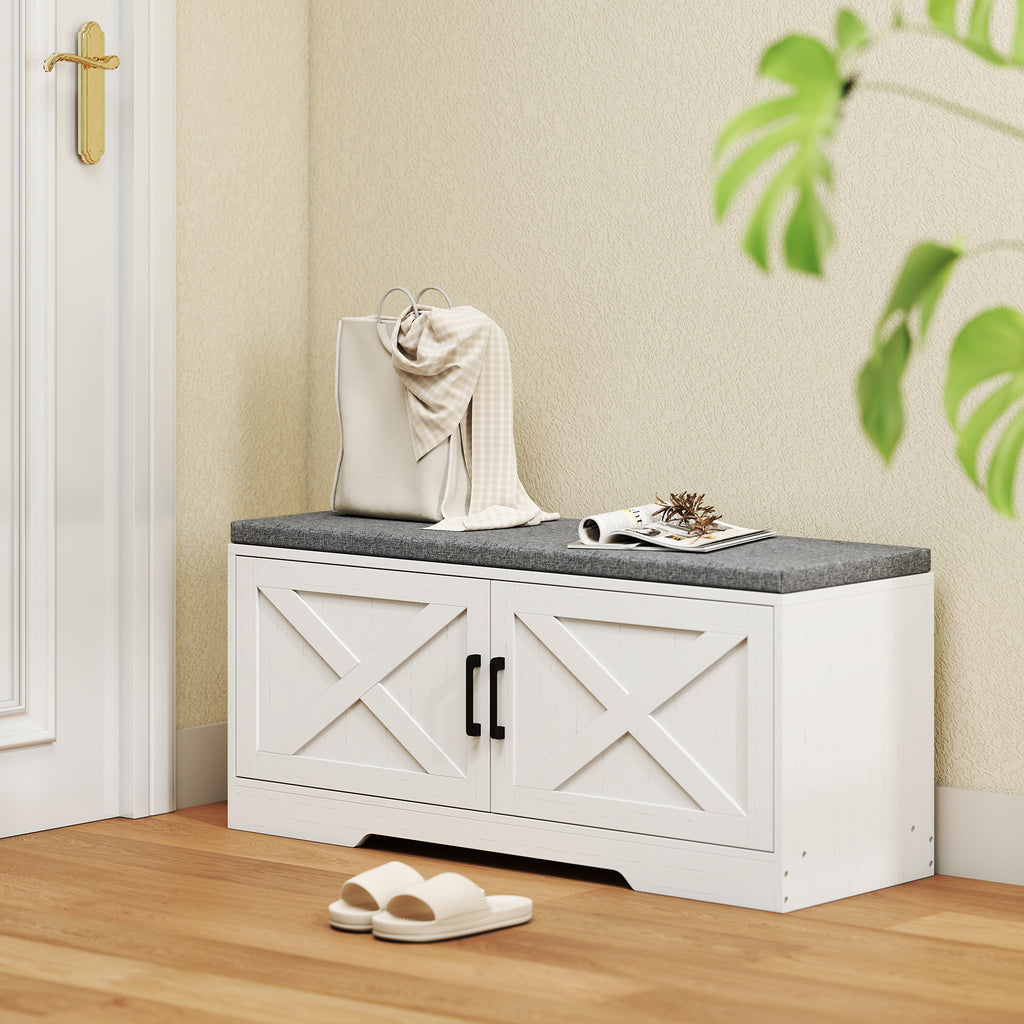 Shoe Bench with Cushion Shoe Storage Bench with Doors Adjustable Shelves for Entryway, White