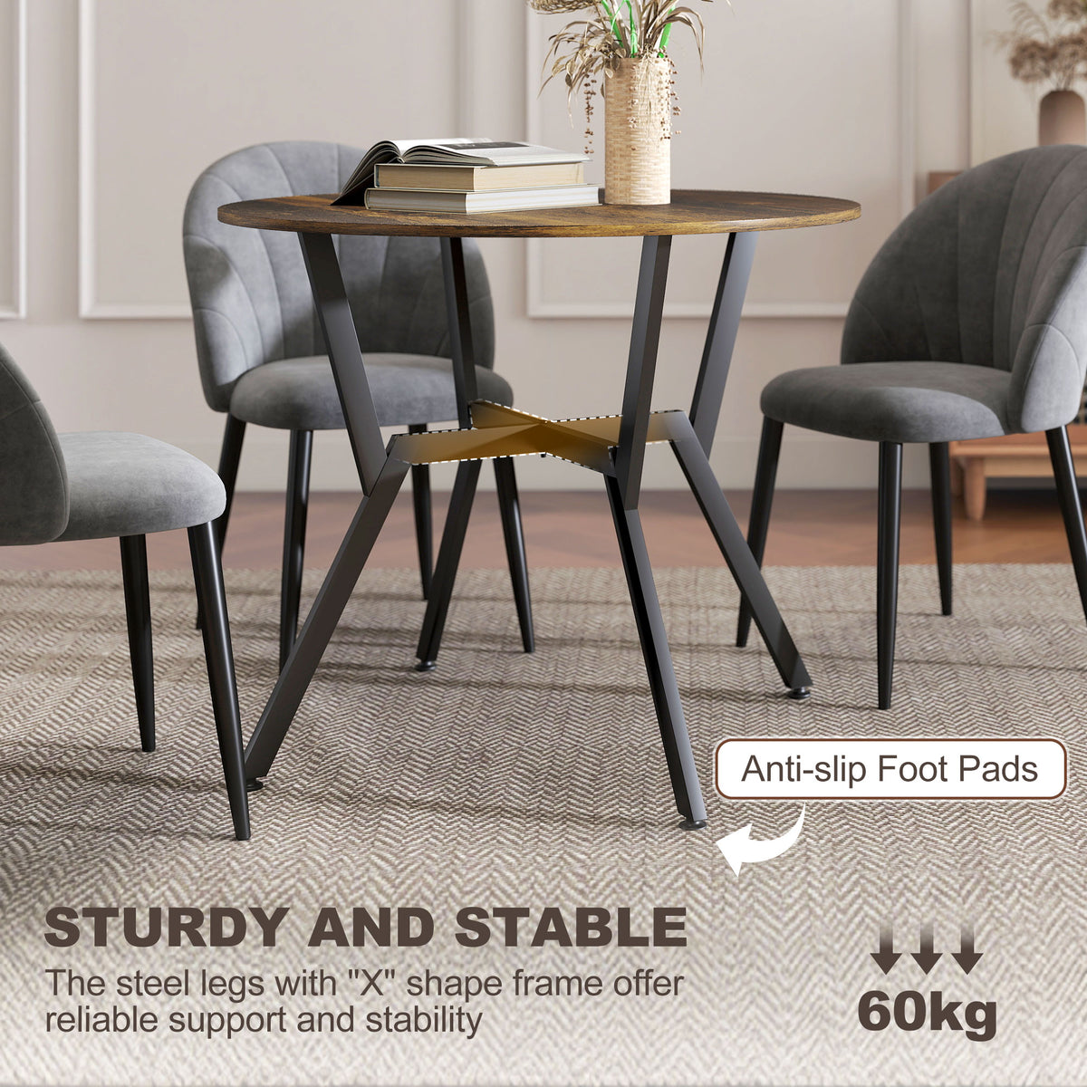 35" Round Dining Table, Modern Dining Room Table with Steel Frame, Space Saving Small Kitchen Table, Rustic Brown