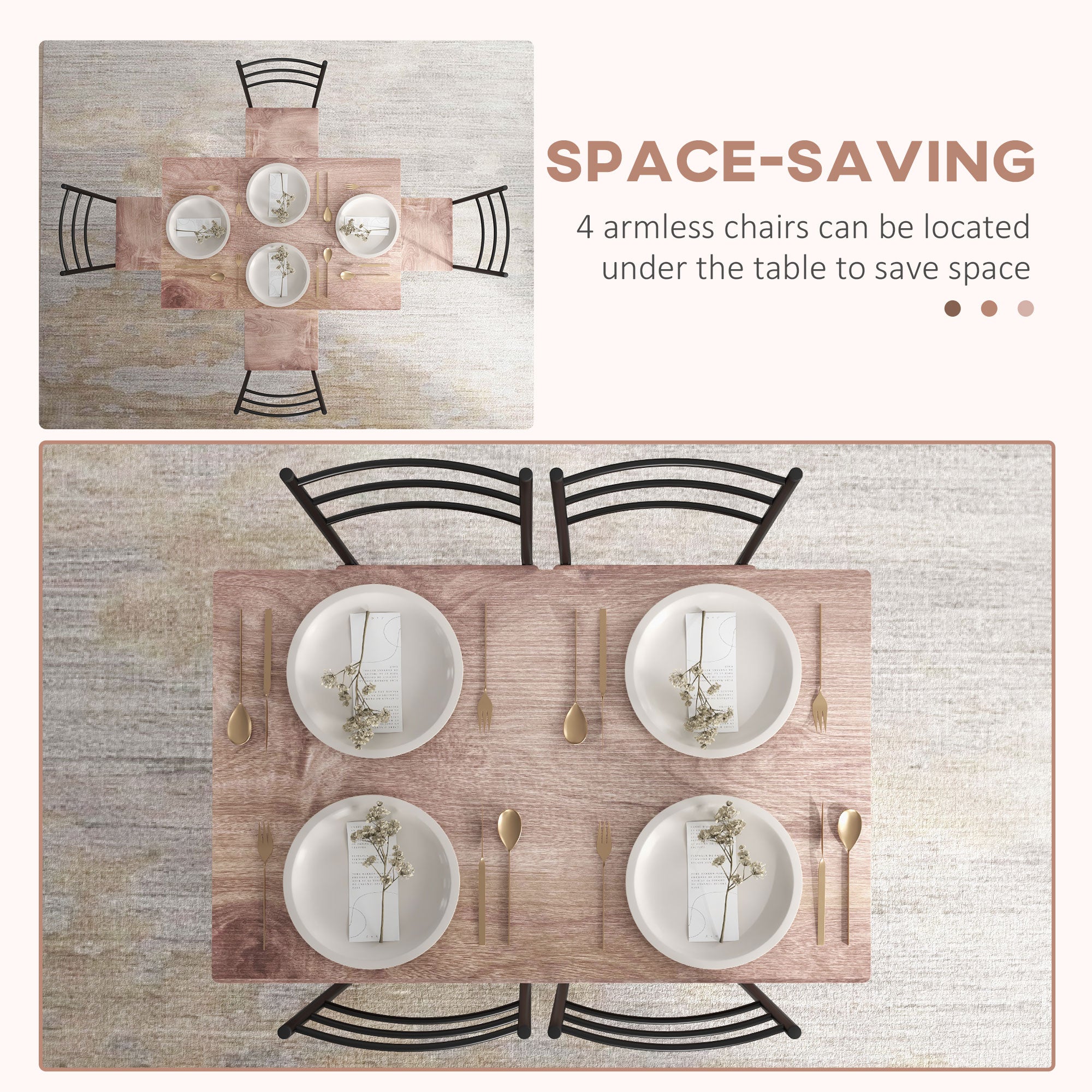 5 Piece Dining Table Set for 4, Space Saving Kitchen Table and 4 Chairs, Rectangle, Steel Frame for Dining Room, Oak
