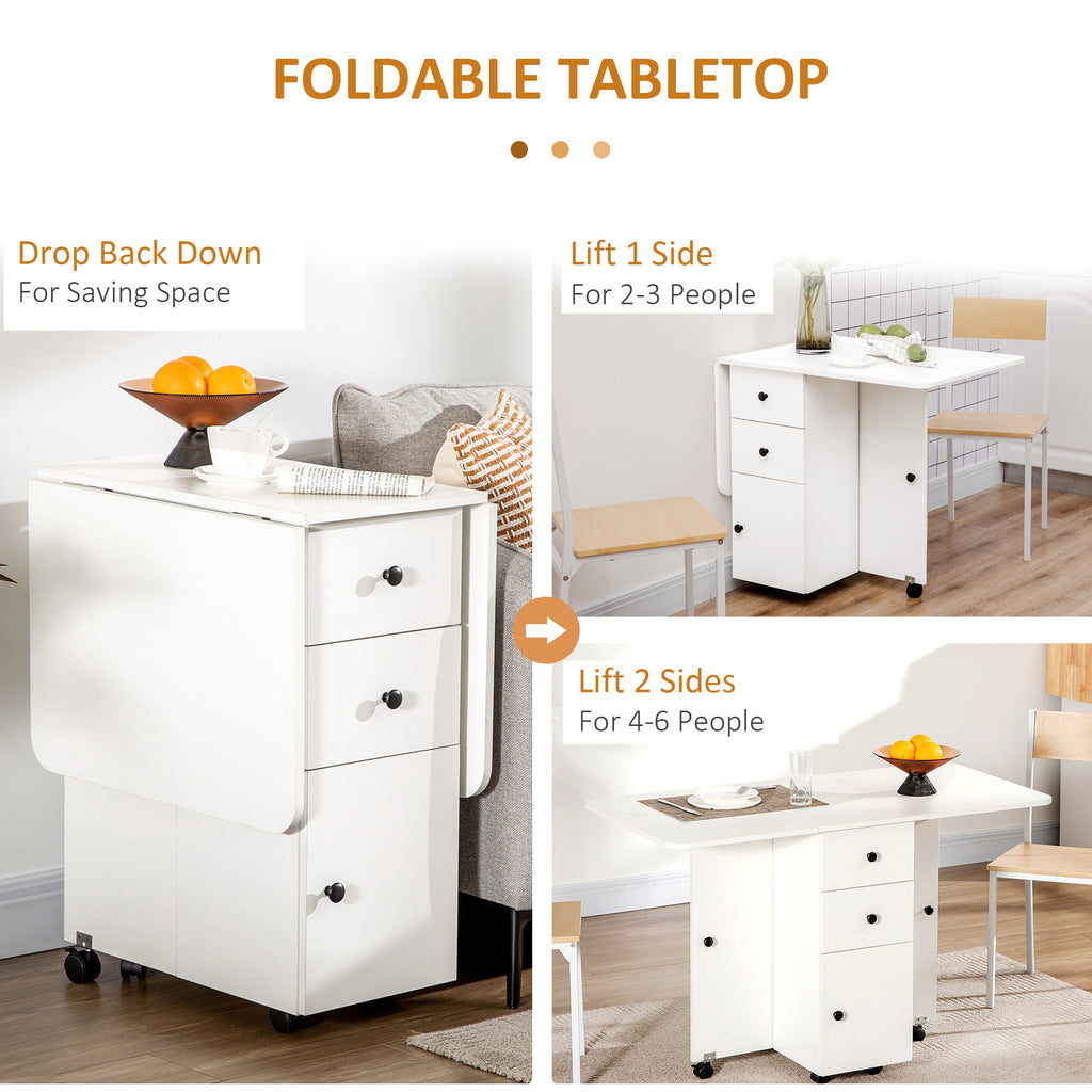 Foldable Dining Table, Rolling Kitchen Table with Storage Drawers and Cabinet, Drop Leaf Table on Wheels, Grey