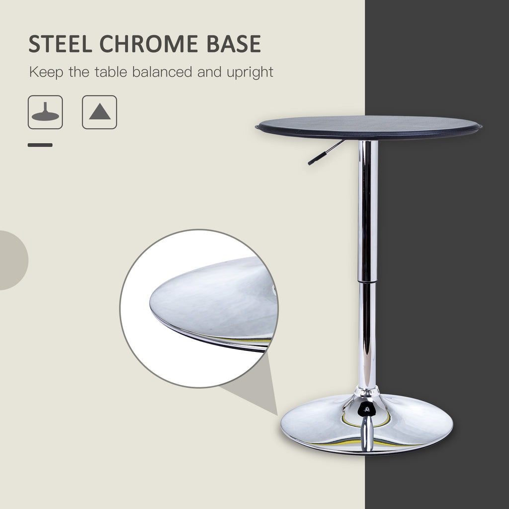 Modern Round Bar Table Adjustment Height Home Pub Bistro Desk Faux Leather Covered Wooden Top Chrome Base Black
