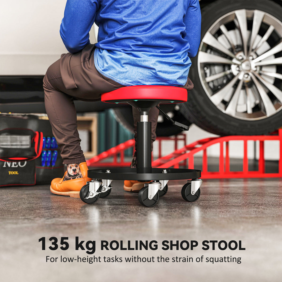 Rolling Garage Stool, 300 LBS Capacity Padded Mechanic Stool with 2.5" Wheels, Adjustable Height 15" -19.7", Red