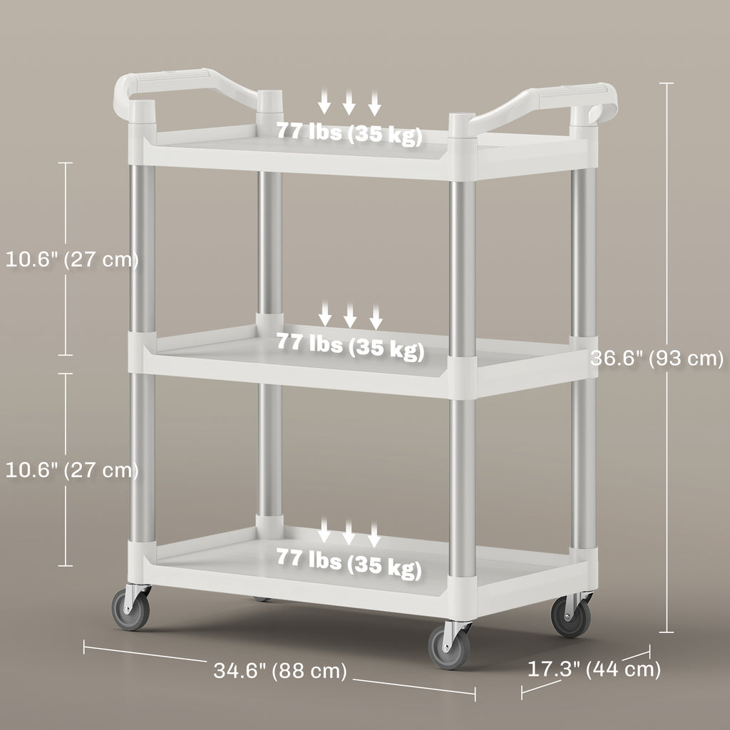 3-Tier Utility Cart Rolling Storage Trolley with 3 Shelves, Silver and White