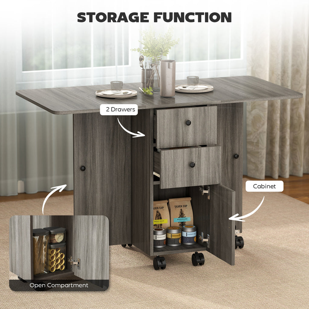 Foldable Dining Table, Rolling Kitchen Table with Storage Drawers and Cabinet, Drop Leaf Table on Wheels, Grey