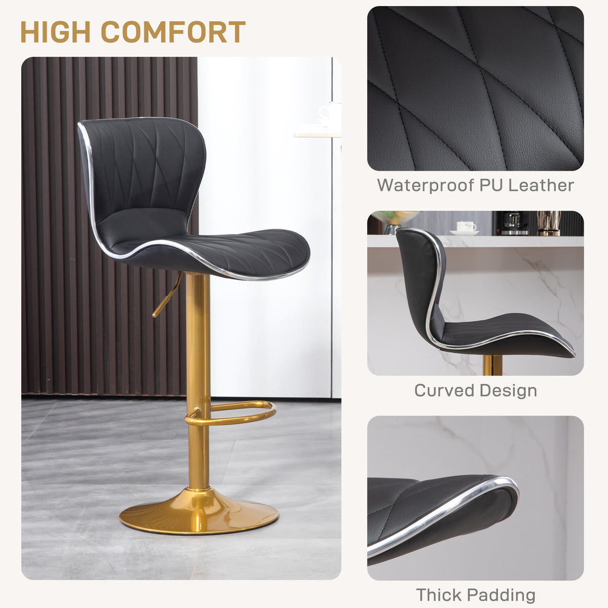 Counter Height Bar Stools Set of 2, Adjustable Height Bar Chairs with Swivel Seat, PU Leather Upholstery
