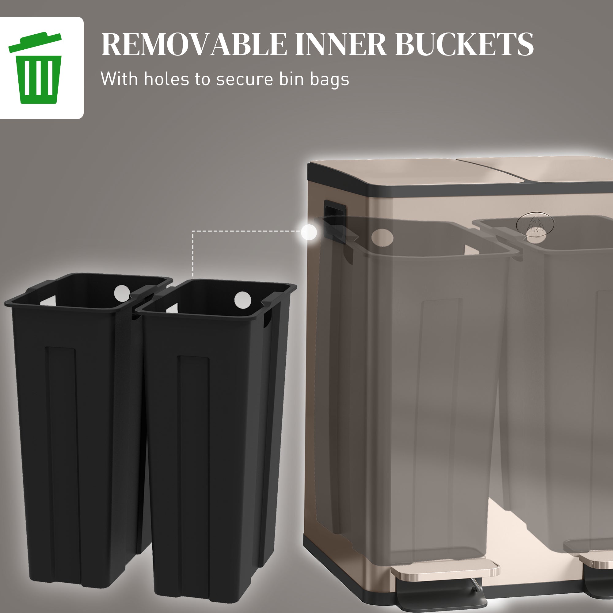 Garbage Bin, Soft-Close Trash Can with Foot Pedal, 2x5 Gal (2x20 L) Garbage Can with Removable Inner Buckets, Gold