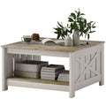 31.5" Square Coffee Table, Farmhouse 2-Tier Center Table for Living Room, Distressed Oak and Brown