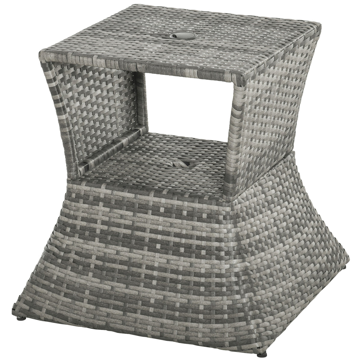 Rattan Wicker Side Table, 21.3" Square Outdoor End Table with Umbrella Hole 2-Tier Storage for Patio Garden Mixed Brown