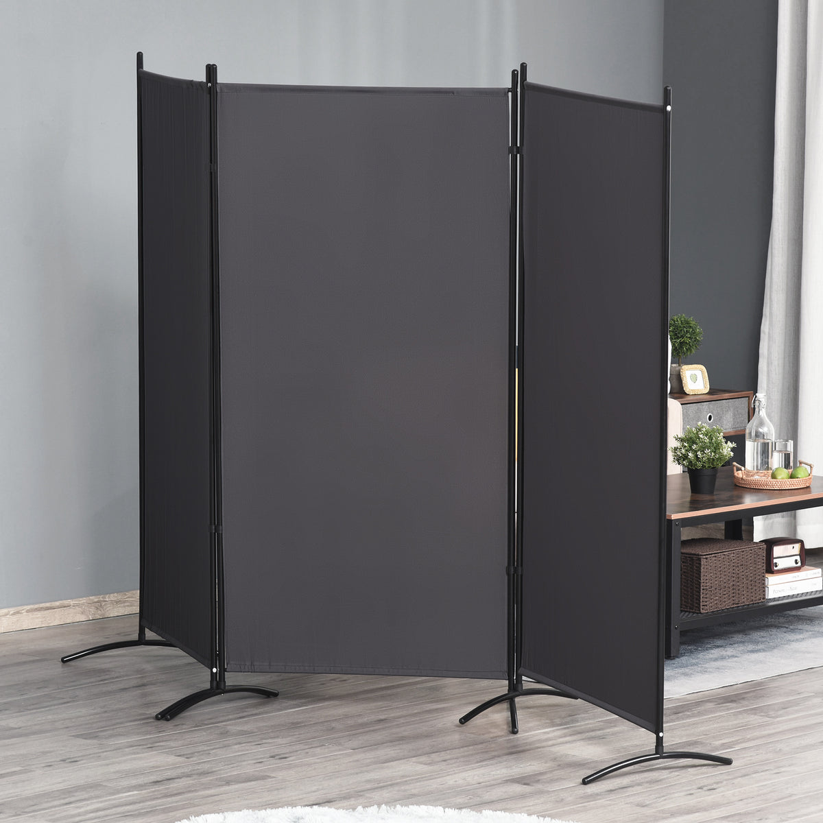6' 3 Panel Room Divider, Double Hinged Folding Wall Divider, Indoor Privacy Screen for Home Office,  Charcoal Grey