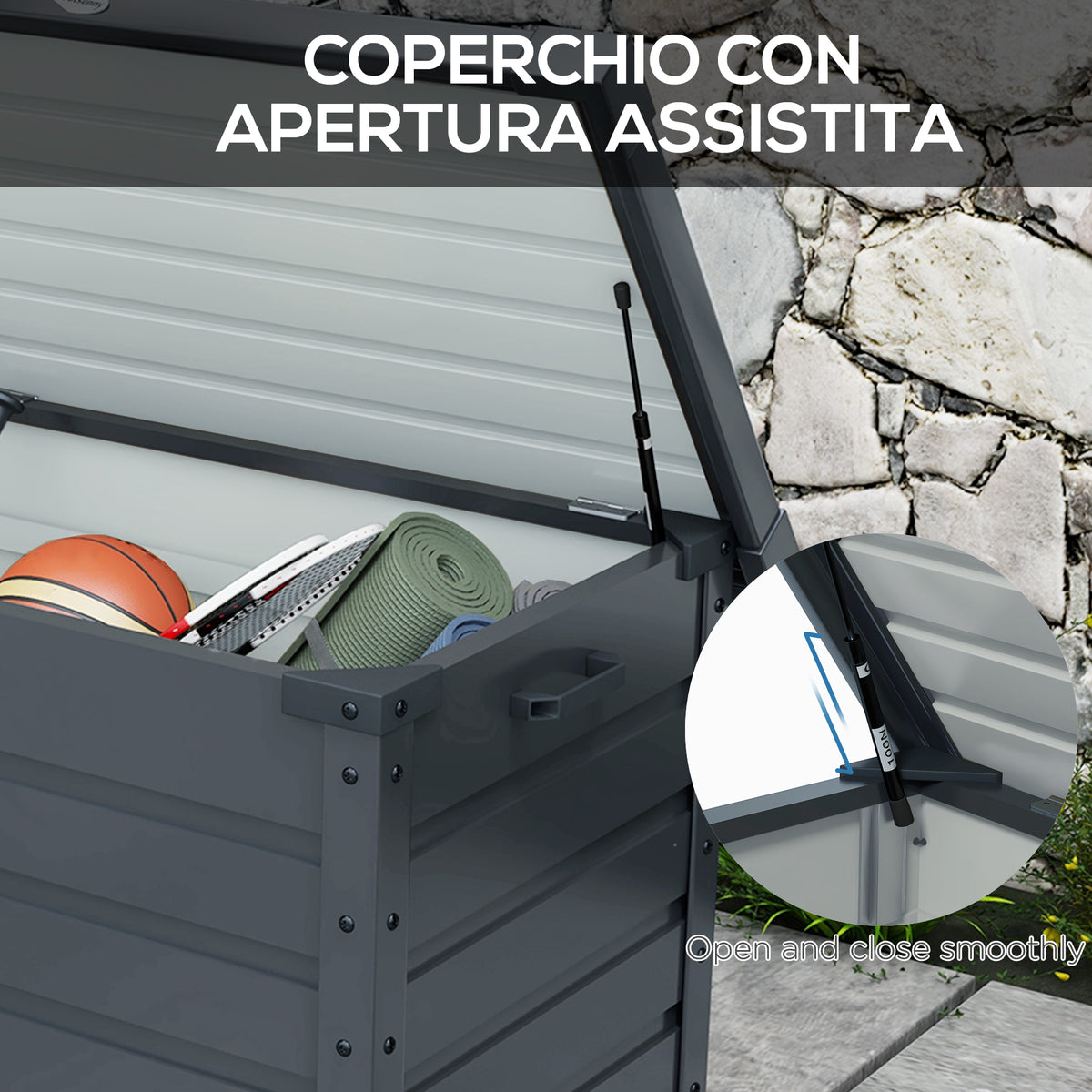 82 Gallon Garden Storage Box, Waterproof Outdoor Storage Container with Wheels and Handles, Dark Grey