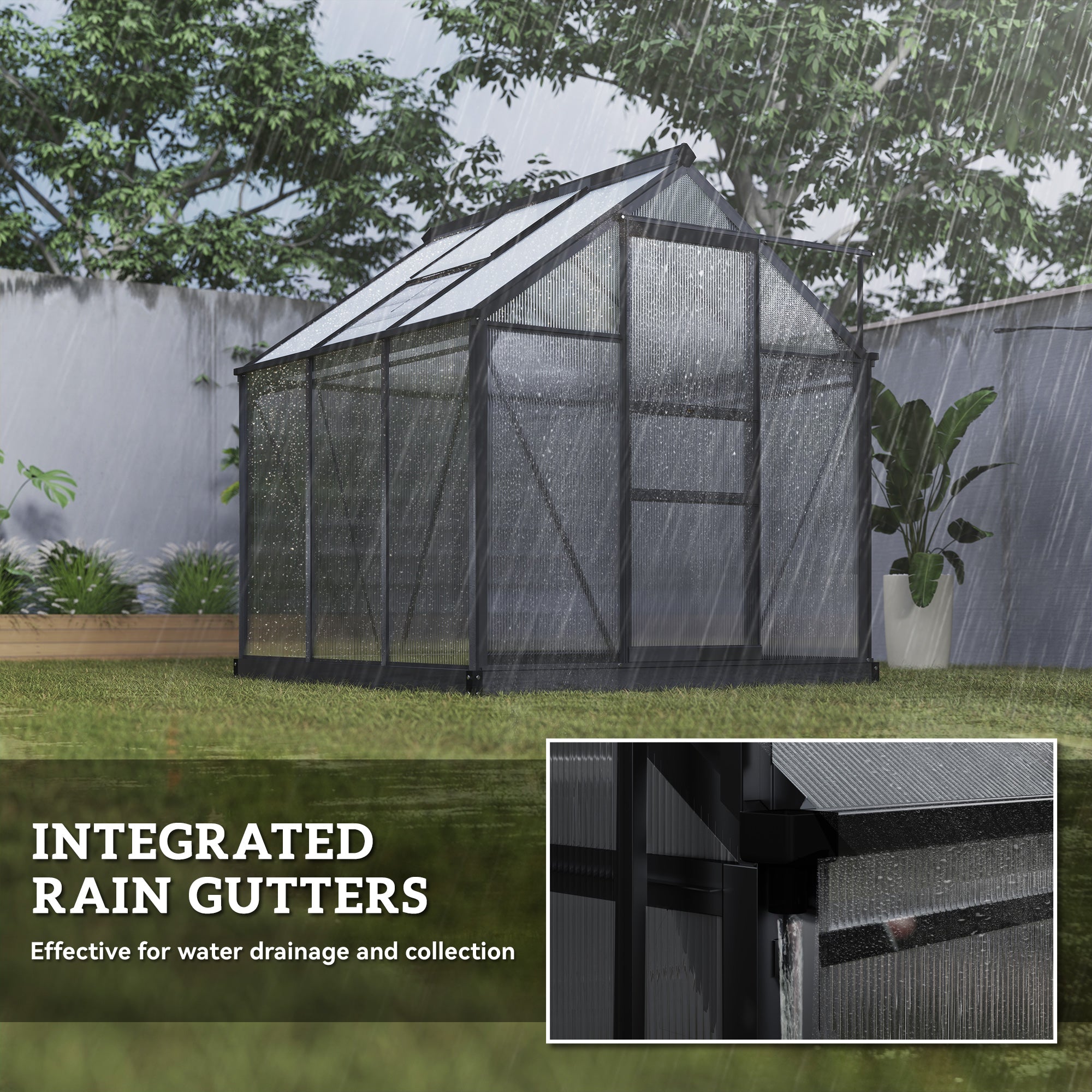 Greenhouse Garden, Green House, Outdoor Greenhouse Kit, PC Board with Sliding Door, 6.2' x 8.3' x 6.6', Grey