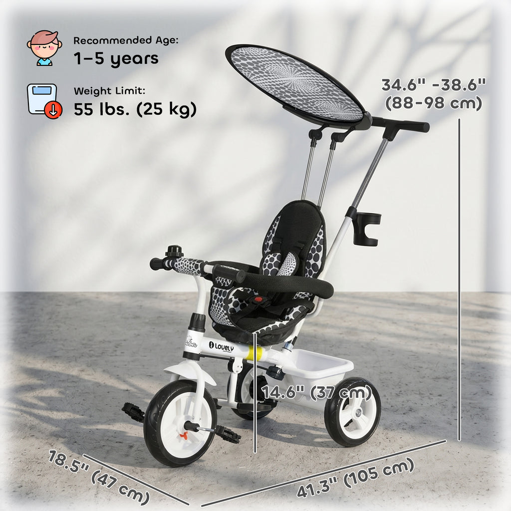 Qaba 6 in 1 Kids Tricycle with Removable Handlebar and Canopy, White