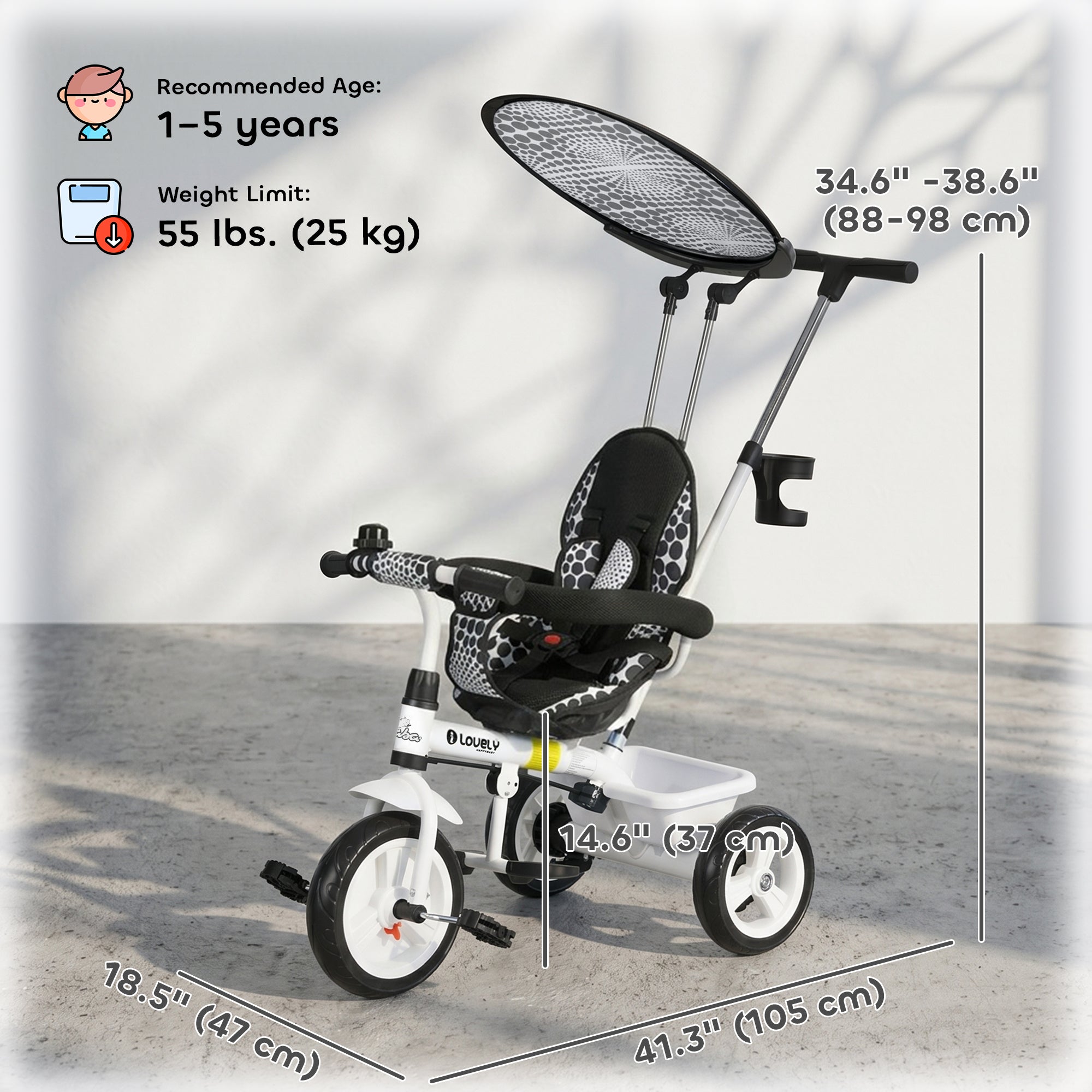 Qaba 6 in 1 Kids Tricycle with Removable Handlebar and Canopy, White