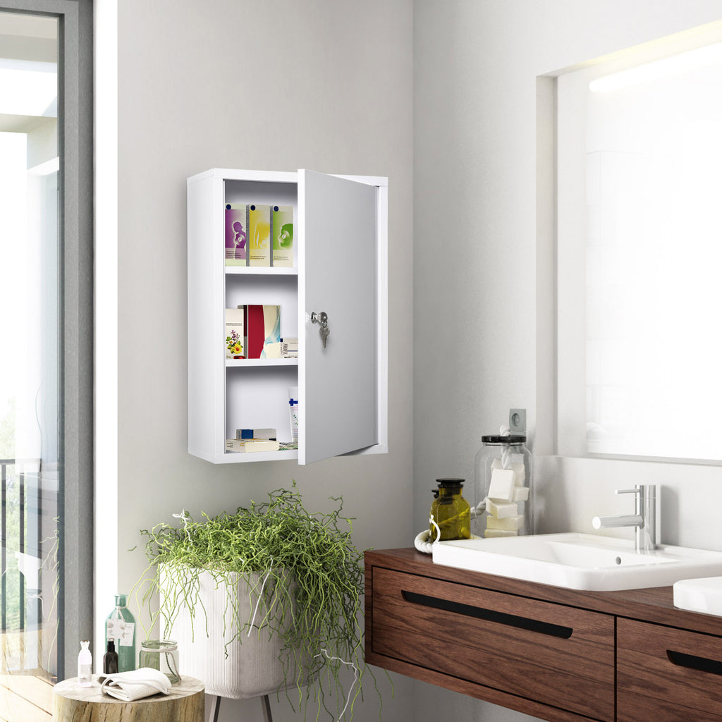 Wall Mount Medicine Cabinet 3 Tier Steel Emergency Box for Bathroom, Lockable with 2 Keys, White