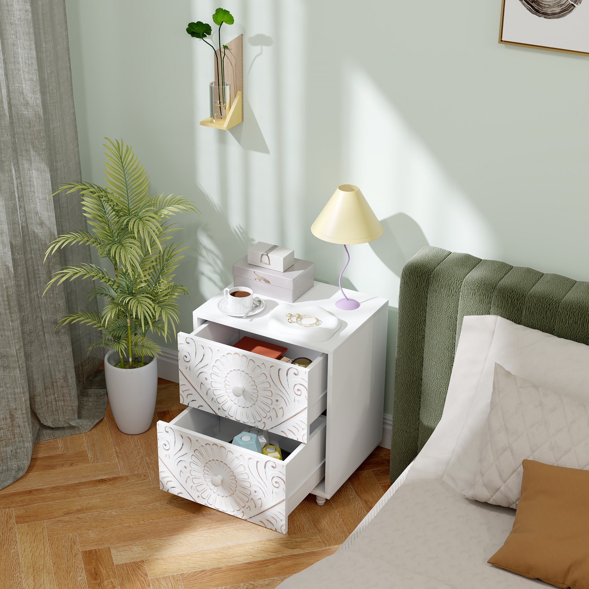 Mid-Century Bedside Table, Nightstand with 2 Drawers, Side End Table for Bedroom, White