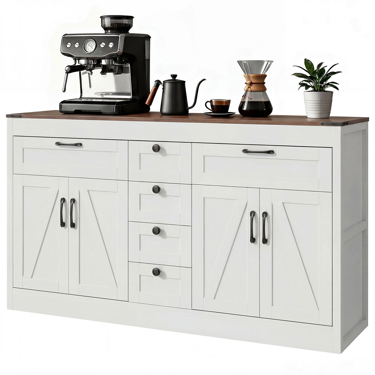 Sideboard Buffet Cabinet, 55" Farmhouse Kitchen Cabinet with 4 Barn Doors, 6 Drawers and 2 Adjustable Shelves, White