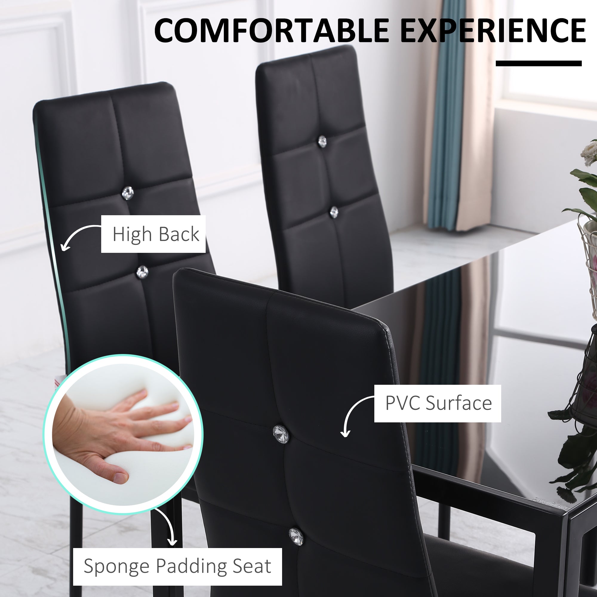 Set of 6 Button Tufted Back Side Chairs with Upholstered Seat, Steel Legs for Living Room, Kitchen, Bedroom, Black
