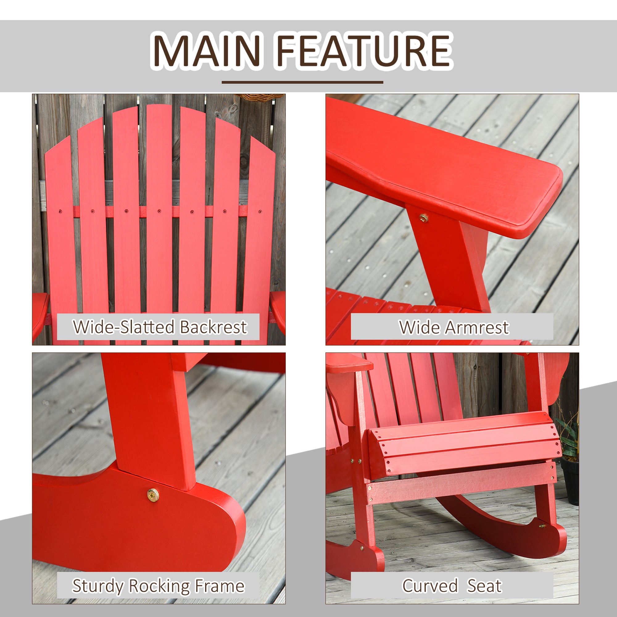 كرسي موسكوكا Adirondack الهزاز الخشبي بتصميم خشبي شرائحي، ظهر مروحي، ونمط ريفي كلاسيكي، أحمر